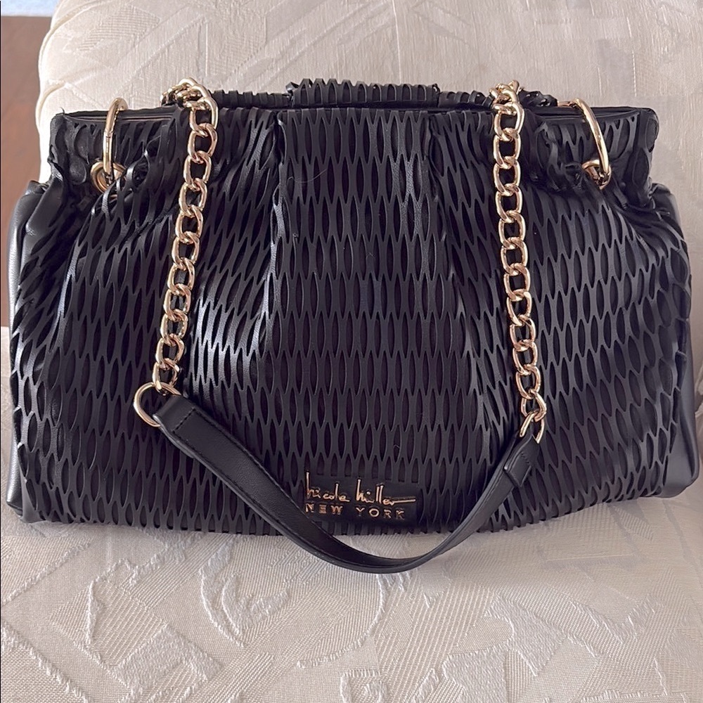 Nicole Miller Black cut out faux leather Shoulder bag gold chain lots of space